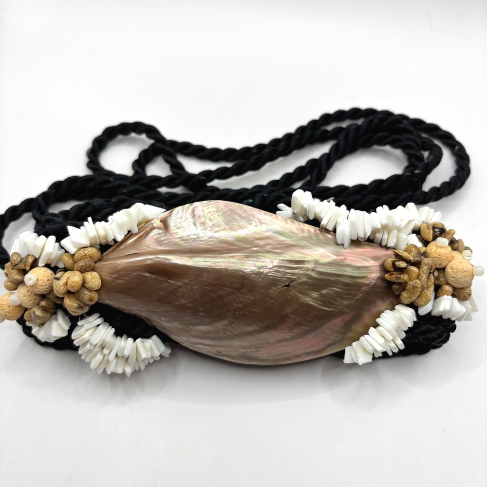 Vintage 80s Mussel Sea Shell Satin Twist Macrame Belt Pooka Pebbles Boho Hippie